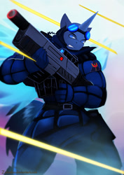 Size: 1240x1754 | Tagged: safe, artist:zolombo, imported from derpibooru, oc, oc only, oc:flint, anthro, unicorn, clothes, goggles, goggles on head, gun, gunfire, rifle, solo, uniform, weapon