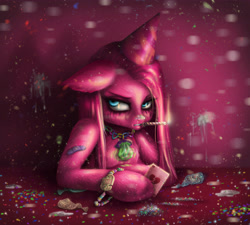 Size: 5248x4728 | Tagged: safe, artist:polnocnykot, imported from derpibooru, pinkie pie, earth pony, pony, angry, balloon, beads, blade, blue eyes, bracelet, broken, broken hearts, burning, candle, candy, card, chains, colored, confetti, cream, creepy, cute, deflated, deflation, depressed, detailed, detailed background, detailed hair, disco ball, drugged, drugs, female, fire, floppy ears, fluffy, food, frown, glowing, grin, hangover, hat, heart, heartbreak, human shoulders, jewelry, lidded eyes, looking back, makeup, mare, mascara, mud, mud pony, necklace, open mouth, pacifier, party, party hat, party horn, pink background, pink hair, pinkamena diane pie, plastic, playing card, razor, reflection, running makeup, sad, scar, shiny, sitting, smiling, smoking, solo, sparkles, spots, sweets, table, teeth, trash, wall of tags