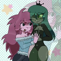 Size: 2000x2000 | Tagged: safe, artist:darkwebdizzy, imported from derpibooru, queen chrysalis, oc, oc:fluffle puff, human, blush sticker, blushing, breasts, canon x oc, chrysipuff, cleavage, duo, female, humanized, lesbian, shipping, smiling, zoom layer