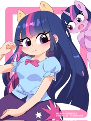 Size: 1537x2048 | Tagged: safe, artist:leo19969525, imported from derpibooru, twilight sparkle, human, pony, equestria girls, blushing, bow, clothes, ears, ears up, female, horn, human coloration, human ponidox, mare, open mouth, self paradox, self ponidox, skirt, smiling