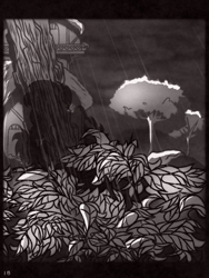 Size: 1050x1400 | Tagged: safe, artist:provolonepone, imported from derpibooru, comic:sapphic story, comic, grayscale, monochrome, rain, shadow, tree