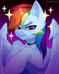 Size: 950x1200 | Tagged: safe, artist:villjulie, imported from derpibooru, rainbow dash, pegasus, pony, chest fluff, choker, collar, ear cleavage, eyebrow piercing, female, g4, gradient background, looking at you, mare, piercing, purple eyes, signature, solo, sparkles, stars, wings