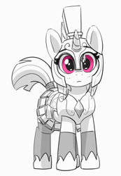 Size: 600x866 | Tagged: safe, artist:pabbley, edit, imported from derpibooru, pony, unicorn, armor, clothes, cropped, cute, female, full body, guardsmare, helmet, looking at you, mare, partial color, pink eyes, royal guard, simple background, skirt, solo, standing, white background