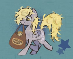 Size: 1553x1261 | Tagged: safe, artist:rennynation, imported from derpibooru, derpy hooves, pegasus, pony, bag, female, food, mare, mouth hold, muffin, stars