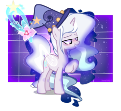 Size: 3297x3025 | Tagged: safe, artist:harmonyvitality-yt, imported from derpibooru, oc, oc only, pony, unicorn, artificial wings, augmented, base used, ethereal mane, hat, horn, magic, magic wings, offspring, parent:mistmane, parent:star swirl the bearded, parents:mistswirl, raised hoof, simple background, solo, starry mane, transparent background, unicorn oc, wings, wizard hat