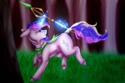 Size: 1500x1000 | Tagged: safe, artist:midnightmagic15, imported from derpibooru, oc, oc only, pony, unicorn, clothes, floppy ears, forest, glow, glowing horn, horn, levitation, looking back, magic, running, scarf, solo, spear, tail, tail wrap, telekinesis, weapon