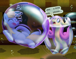 Size: 1016x787 | Tagged: safe, artist:bladedragoon7575, imported from derpibooru, derpy hooves, fluttershy, pegasus, bubble, fluttershy trapped in a bubble, in bubble, underwater, water