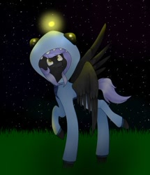 Size: 368x427 | Tagged: safe, artist:midnightmagic15, imported from derpibooru, oc, oc only, firefly (insect), insect, pegasus, pony, cute, cute little fangs, fangs, night, old art, shark hoodie, smiling, solo, spread wings, wings