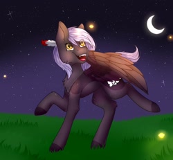Size: 2048x1895 | Tagged: safe, artist:midnightmagic15, imported from derpibooru, oc, oc only, firefly (insect), insect, pegasus, pony, chest fluff, crescent moon, eye clipping through hair, feather, feather in hair, moon, night, old art, open mouth, open smile, smiling, solo, spread wings, wings