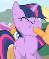Size: 568x685 | Tagged: safe, imported from derpibooru, screencap, apple cobbler, applejack, twilight sparkle, violet fritter, earth pony, pony, unicorn, friendship is magic, season 1, apple cider (g4), apple family member, background pony, cropped, eyes closed, female, funny face, hoof in mouth, hoofjack, mare, out of context, puffy cheeks, unicorn twilight