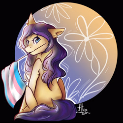 Size: 3000x3000 | Tagged: safe, artist:galaxiastar1, imported from derpibooru, oc, oc only, earth pony, pony, looking at you, looking back, looking back at you, mouth hold, pride, pride flag, smiling, solo, transgender pride flag
