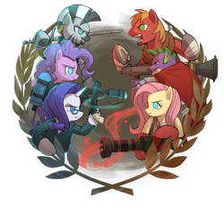 Size: 1024x1024 | Tagged: safe, artist:stupjam, imported from derpibooru, big macintosh, fluttershy, pinkie pie, rarity, spike, zecora, dragon, earth pony, pegasus, pony, unicorn, zebra, beefspike, democora, demoman, female, fluttermedic, heavy mac, heavy weapons guy, male, mare, medic, parody, pinkie pyro, pyro, rarispy, simple background, soldier, spy, stallion, team fortress 2, transparent background