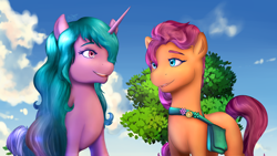 Size: 1280x720 | Tagged: safe, artist:icy_passio, imported from derpibooru, izzy moonbow, sunny starscout, earth pony, pony, unicorn, bag, cloud, female, g5, horn, long mane, my little pony: make your mark, saddle bag, sky, tree