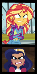 Size: 630x1261 | Tagged: safe, artist:carlosuriel13, imported from derpibooru, sunset shimmer, equestria girls, friendship games, angry, argument, crossover, dc comics, dc superhero girls, diana prince, wonder woman