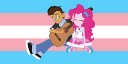 Size: 800x400 | Tagged: safe, imported from ponybooru, pinkie pie, oc, oc:copper plume, equestria girls, canon x oc, copperpie, duo, female, male, pride, pride flag, shipping, straight, transgender, transgender pride flag