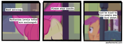 Size: 720x261 | Tagged: safe, edit, edited screencap, imported from ponybooru, screencap, apple bloom, scootaloo, sweetie belle, earth pony, pegasus, unicorn, somepony to watch over me, a softer world, apple bloom's bow, bow, comic, cutie mark crusaders, hair bow, radiation, screencap comic, text, window