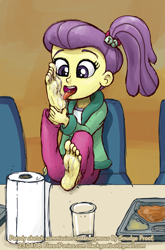 Size: 990x1500 | Tagged: safe, artist:smudge proof, imported from ponybooru, lily pad (equestria girls), barefoot, feet, fetish, foot fetish, foot worship, licking, licking foot, sketch, soles