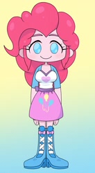Size: 1044x1910 | Tagged: safe, artist:batipin, imported from derpibooru, pinkie pie, equestria girls, breasts, chibi, clothes, gradient background, looking at you, no nose, no pupils, shoes, simple background, solo
