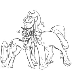 Size: 540x540 | Tagged: safe, artist:rareapples, imported from derpibooru, applejack, rarity, earth pony, pony, unicorn, 2d, digital art, duo, female, hat, height difference, horn, lesbian, mare, monochrome, nuzzling, rarijack, shipping, short, sketch, smiling, tall