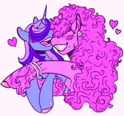 Size: 540x508 | Tagged: safe, artist:rareapples, imported from derpibooru, minuette, pinkie pie, earth pony, pony, unicorn, 2d, colored, digital art, duo, female, happy, hugging a pony, lesbian, long hair, looking at each other, looking at someone, mare, minupie, shipping, smiling, smiling at each other