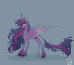 Size: 1511x1316 | Tagged: safe, artist:petaltwinkle, imported from derpibooru, twilight sparkle, alicorn, classical unicorn, pony, the last problem, blue background, cloven hooves, concave belly, crown, curved horn, ear piercing, earring, horn, jewelry, large wings, leonine tail, long mane, older, older twilight, peytral, piercing, princess twilight 2.0, regalia, signature, simple background, solo, tail, tall, twilight sparkle (alicorn), ultimate twilight, unshorn fetlocks, wings