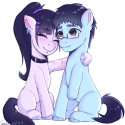 Size: 1244x1244 | Tagged: safe, artist:xiaowu07, imported from derpibooru, oc, oc only, earth pony, pony, unicorn, amputee, cute, disabled, duo, female, glasses, male, ponytail, scar, self harm, self harm scars, shipping, simple background, sitting, smiling, white background