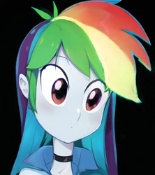 Size: 512x576 | Tagged: safe, editor:luckreza8, imported from derpibooru, rainbow dash, human, equestria girls, ai content, ai generated, anime, black background, eye clipping through hair, eyebrows, eyebrows visible through hair, female, generator:pinegraph, simple background, solo