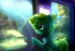 Size: 2500x1700 | Tagged: safe, artist:rainydark, imported from derpibooru, oc, oc only, pony, unicorn, atmosphere, clothes, dark, digital art, gift art, green eyes, light, lightning, looking up, male, shadow, solo, submarine, underwater, water