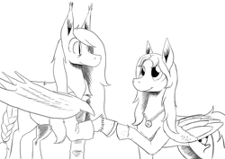 Size: 1280x905 | Tagged: safe, artist:darkhestur, derpibooru exclusive, imported from derpibooru, oc, oc only, oc:dark, oc:mellow rhythm, bat pony, pegasus, pony, bat pony oc, braid, clothes, duo, grayscale, hoofbump, horseshoes, jacket, jewelry, leather, leather jacket, monochrome, necklace, pegasus oc, simple background, sketch, white background