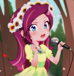 Size: 626x640 | Tagged: safe, edit, edited screencap, editor:luckreza8, imported from derpibooru, screencap, gloriosa daisy, human, equestria girls, legend of everfree, ai content, ai generated, female, generator:imgcreator, happy, microphone, solo