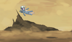 Size: 769x450 | Tagged: safe, artist:pinkchalk, artist:truthormare, imported from derpibooru, dust devil, pegasus, pony, collaboration, dust, female, flying, goggles, goggles on head, lineart, mare, painting, scenery, solo