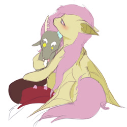 Size: 1337x1336 | Tagged: safe, artist:vilesmell, imported from derpibooru, discord, fluttershy, bat pony, draconequus, pony, bat ponified, blushing, crush plush, duo, duo male and female, female, flutterbat, implied discoshy, implied shipping, implied straight, male, mare, plushie, race swap, simple background, solo, white background