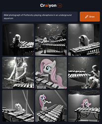 Size: 1536x1860 | Tagged: safe, imported from derpibooru, fluttershy, fish, human, pegasus, pony, ai content, ai generated, anatomical horror, anatomically incorrect, aquarium, black and white, black background, clothes, distorted, distortion, female, generator:craiyon, grayscale, mallet percussion, mare, monochrome, percussion, pink mane, shirt, simple background, skirt, t-shirt, underwater, vibraphone, water, xylophone, young
