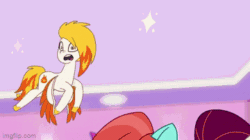 Size: 360x202 | Tagged: safe, imported from derpibooru, screencap, pipp petals, earth pony, pegasus, pony, spoiler:g5, spoiler:my little pony: tell your tale, spoiler:tyts01e05, animated, female, flare (g5), flying, g5, gif, group, happy, jazz hooves, jewelry, looking at someone, looking up, male, mane melody, mane melody (location), mare, my little pony: tell your tale, necklace, open mouth, pose, raised hoof, razor, rocky riff, smiling, sparkles, spread wings, stage, stage light, stallion, talking, tiara, wingding eyes, wings