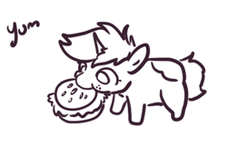 Size: 510x331 | Tagged: safe, artist:nootaz, imported from derpibooru, oc, oc only, oc:nootaz, pony, unicorn, black and white, burger, eating, female, food, grayscale, hay burger, mare, monochrome, simple background, solo, white background