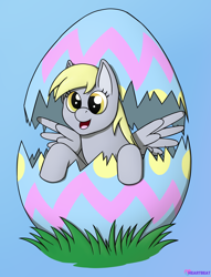 Size: 1508x1974 | Tagged: safe, artist:passionpanther, imported from derpibooru, derpy hooves, pegasus, pony, blue background, cute, easter, easter egg, holiday, peeking, simple background, solo