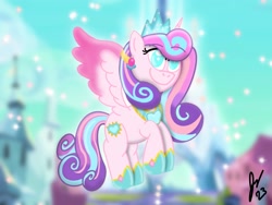 Size: 2160x1620 | Tagged: safe, artist:jesslmc16, imported from derpibooru, princess flurry heart, alicorn, pony, clothes, crystal empire, digital art, female, flying, future, jewelry, looking at you, mare, older, princess, procreate app, smiling, smiling at you, solo, sparkles, tiara