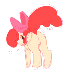 Size: 723x759 | Tagged: dead source, safe, artist:cunnyluvr, imported from derpibooru, apple bloom, earth pony, pony, bloom butt, butt, female, filly, foal, plot, question mark, raised tail, simple background, sketch, solo, tail, tail lift, white background