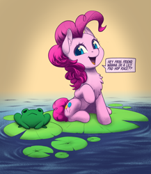 Size: 1967x2262 | Tagged: safe, artist:taytinabelle, color edit, derpibooru exclusive, edit, editor:maonyman, imported from derpibooru, pinkie pie, earth pony, frog, pony, :<, chest fluff, colored, dialogue, ear fluff, eye reflection, female, happy, lilypad, looking at you, mare, open mouth, raised hoof, reflection, smiling, solo, speech bubble, sunrise, water