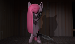 Size: 1764x1029 | Tagged: safe, artist:pointpony, imported from derpibooru, pinkie pie, earth pony, pony, 2013, 3d, artifact, creepy, female, link in description, looking at you, mare, pinkamena diane pie, saw, scary, solo, source filmmaker