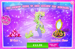 Size: 1962x1301 | Tagged: safe, idw, imported from derpibooru, merpony, advertisement, costs real money, english, female, gameloft, gem, idw showified, mare, mirror, mobile game, my little pony: magic princess, numbers, official, sale, solo, text, unnamed character, unnamed merpony