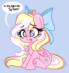 Size: 2577x2738 | Tagged: safe, artist:emberslament, imported from derpibooru, oc, oc only, oc:bay breeze, pegasus, pony, blue background, blushing, bow, chest fluff, cute, embarrassed, hair bow, open mouth, simple background, sitting, solo, speech bubble