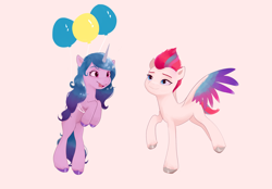 Size: 2700x1880 | Tagged: safe, artist:pascal571, imported from derpibooru, izzy moonbow, zipp storm, pegasus, pony, unicorn, balloon, beige background, cute, duo, female, floating, flying, g5, izzybetes, looking at someone, mare, missing cutie mark, open mouth, open smile, simple background, smiling, the new pinkie pie