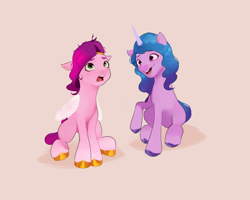 Size: 2500x2000 | Tagged: safe, artist:pascal571, imported from derpibooru, izzy moonbow, pipp petals, pegasus, pony, unicorn, adorapipp, beige background, confused, cute, duo, female, g5, high res, izzybetes, looking up, mare, open mouth, open smile, simple background, smiling