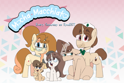 Size: 3840x2580 | Tagged: safe, artist:chaosllama, imported from derpibooru, oc, oc only, oc:alphonso affogato, oc:cortado oleato, oc:mocha bean macchiato, oc:tiarmisu juliette, oc:underto joe, pony, unicorn, series:mocha♥macchiato, advertisement, beanie, bowtie, family, glasses, hat, jewelry, multicolored hair, necklace, simple background