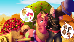 Size: 7000x4000 | Tagged: safe, artist:lycantrin, imported from derpibooru, apple bloom, applejack, big macintosh, bloomberg, granny smith, earth pony, human, pony, apple, apple cart, apple tree, big brother, bonding, bullet, bullet belt, cart, crossover, desert, duo, food, heavy, heavy weapons guy, horse collar, male, outdoors, pictogram, smiling, speech bubble, stallion, sunshine, talking, team fortress 2, tree, wholesome