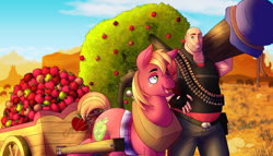 Size: 7000x4000 | Tagged: safe, artist:lycantrin, imported from derpibooru, big macintosh, bloomberg, earth pony, human, pony, absurd resolution, apple, apple cart, apple tree, big brother, bullet, bullet belt, cart, crossover, desert, duo, eyebrows, food, freckles, heavy, heavy weapons guy, male, smiling, stallion, sunshine, talking, team fortress 2, tree, wholesome