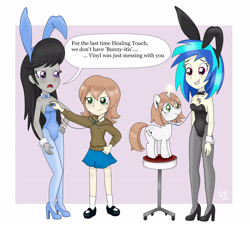 Size: 3273x2975 | Tagged: safe, artist:bageloftime, imported from derpibooru, dj pon-3, octavia melody, vinyl scratch, oc, oc:healing touch, human, unicorn, equestria girls, annoyed, bunny suit, checkup, clothes, commission, concerned, costume, female, filly, foal, hoodie, skirt, speech bubble, stethoscope