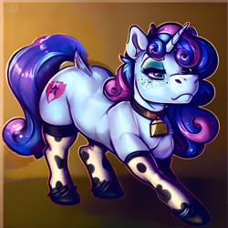 Size: 1328x1328 | Tagged: safe, imported from derpibooru, sweetie belle, pony, unicorn, ai assisted, ai content, bell, bell collar, clothes, collar, cowprint, eyeliner, eyeshadow, freckles, horn, makeup, prompter:saphkey, simple background, socks, solo, thigh highs