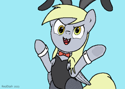 Size: 904x642 | Tagged: safe, artist:realdash, imported from derpibooru, derpy hooves, pegasus, pony, aggie.io, arms in the air, bipedal, blue background, bowtie, bunny ears, bunny suit, clothes, cute, cyan background, derpabetes, easter, evil grin, fangs, female, folded wings, grin, holiday, looking at you, mare, open mouth, pixel art, simple background, sitting, smiling, solo, wings